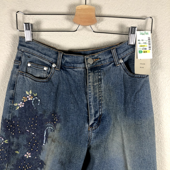 Lana Erica Jeans Blue Floral Embroidered Embellished Straight Leg Womens 4 - Picture 3 of 16